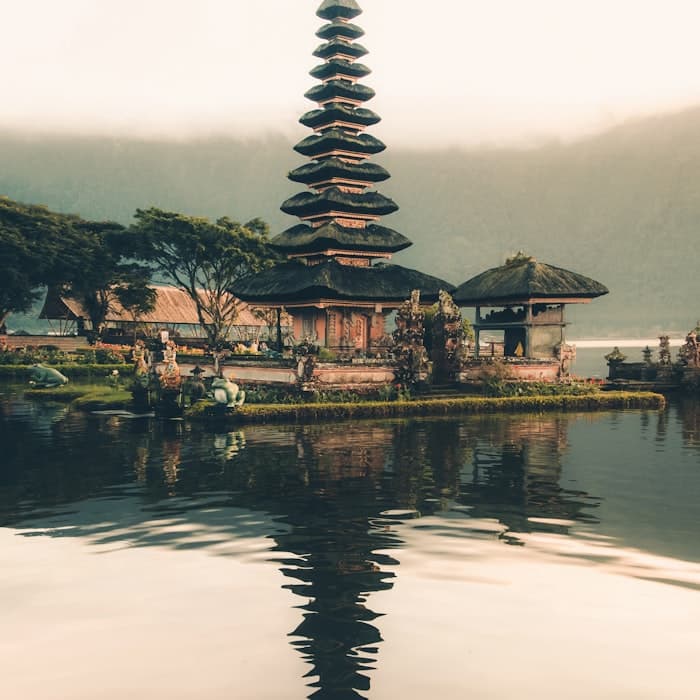 Ulun Danu Beratan temple reflected in a still lake in Bali