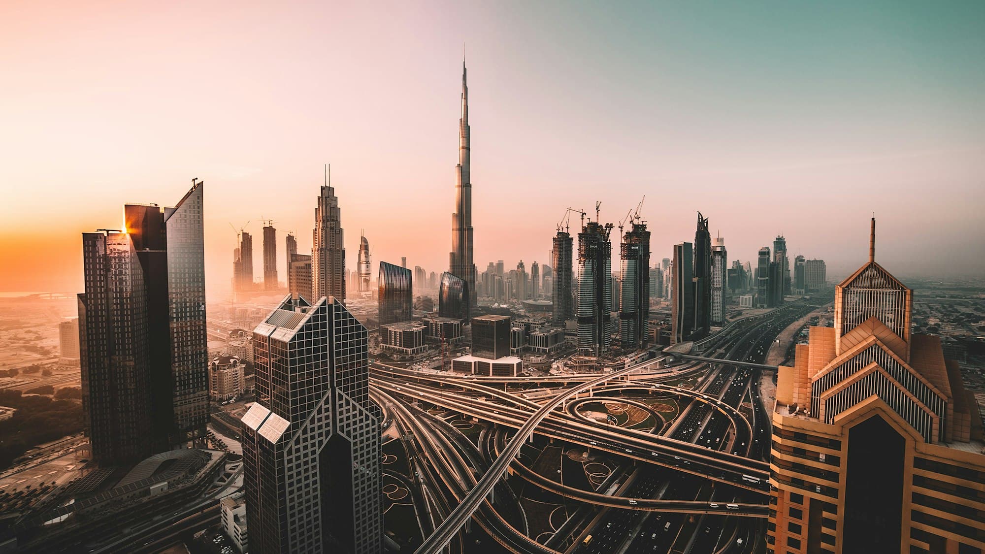 Dubai skyline with the Burj Khalifa at sunset