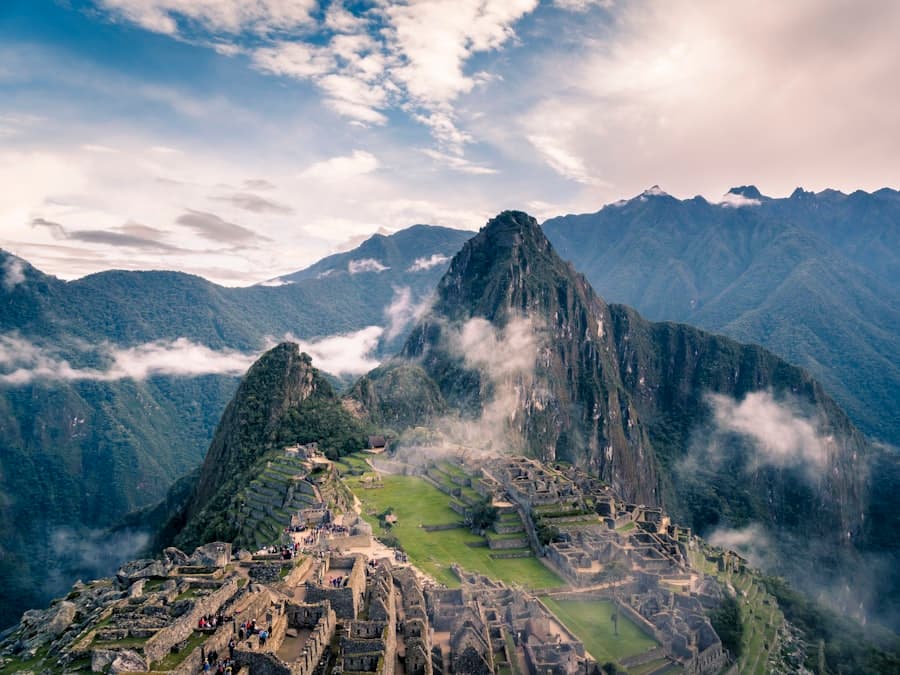 The terraces of Machu Picchu on a ridge above the Urubamba valley