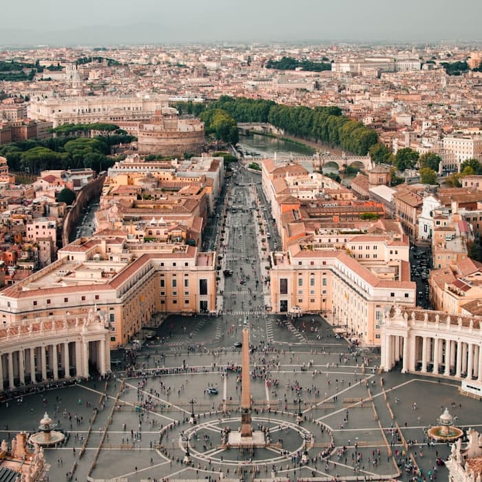 Aerial view over St. Peter's Square and the rooftops of Rome